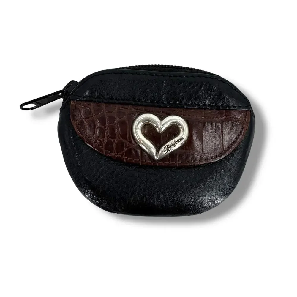 VTG Brighton zip coin change purse black brown croc embossed pebbled leather